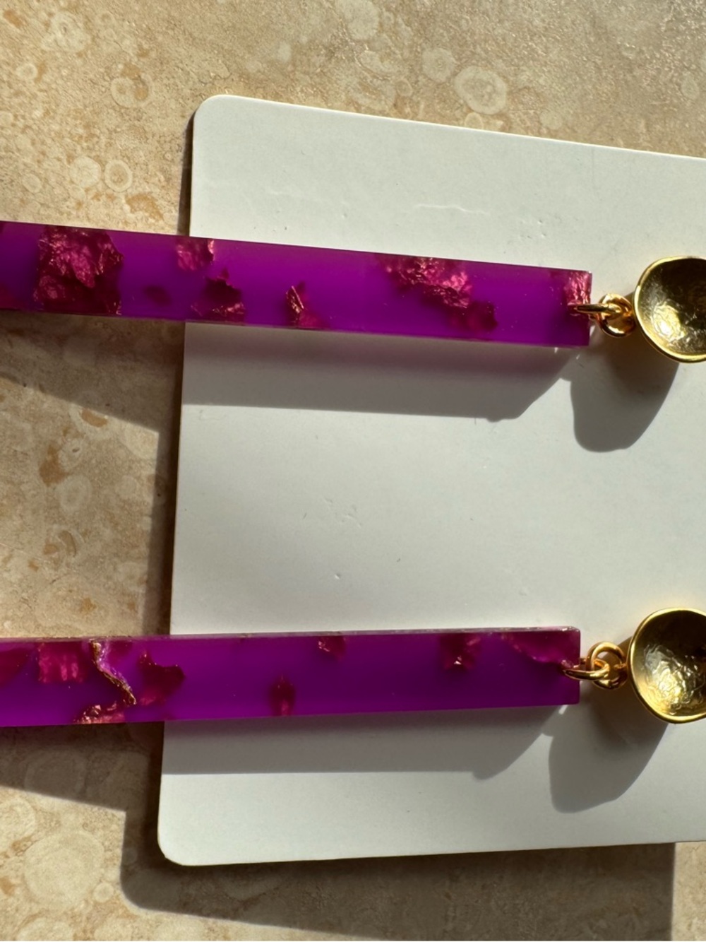 Fuchsia Resin Bar Drop Earrings with Gold Accent